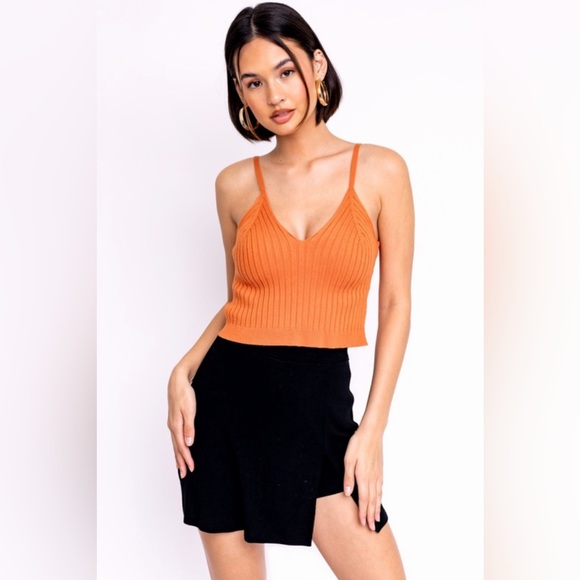 Ribbed Knit Ultra Stretch Cropped Cami Tank - Orange - Picture 3 of 11
